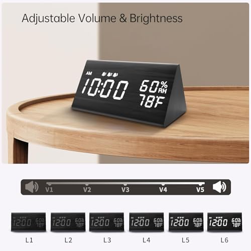 Image of Digital Alarm Clock, with Wooden Electronic LED Time Display, 3 Alarm Settings, Humidity & Temperature Detect, Wood Made Electric Clocks for Bedroom, Bedside (Black)