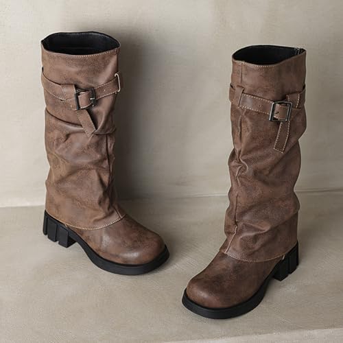 MRKEWUNEY Womens Chunky Low Heel Fold Over Boots Slouchy Biker Boots Platform knee High Boots2