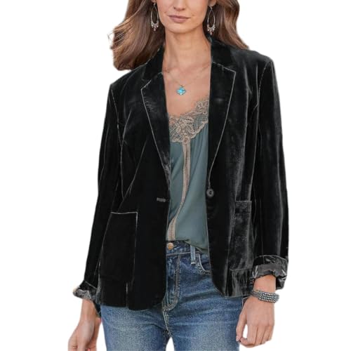 Women's Velvet Jacket Suits Casual Long Sleeve Lapel Collar Pocketed Button Velvet Blazer Jackets