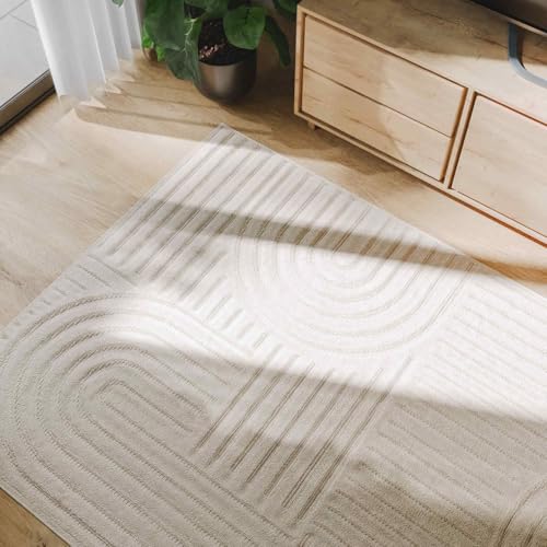 benuta Basic Tapis Salon Leo - Crème 160x230 cm - Boho Relief Abstrait pour Chambre, Couloir, Salle à Manger - Compatible avec Chauffage au Sol