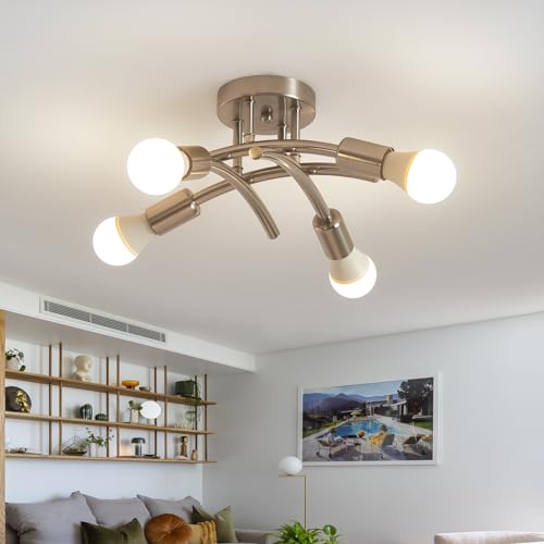 BUXVRCS Semi Flush Mount Ceiling Light Fixture, Modern Sputnik Chandelier Light Fixtures, Industrial Kitchen Light Fixtures Ceiling Mount, 4-Light Dining Room Light Fixture Bedroom (Brushed Nickel)