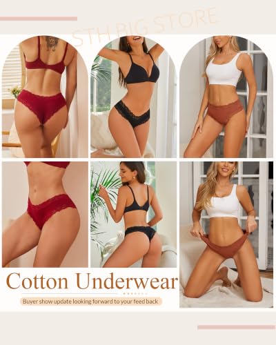 Image of Sth Big Womens Cotton Underwear Sexy Lace Brazilian Panties Soft Breathable Cotton Bikini for Ladies 6 Pack