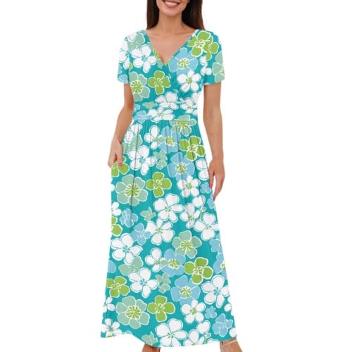 Image of Women's Fall Summer Short Sleeve Ankle Length V-Neck Party Dress with Pockets Size S-3XL