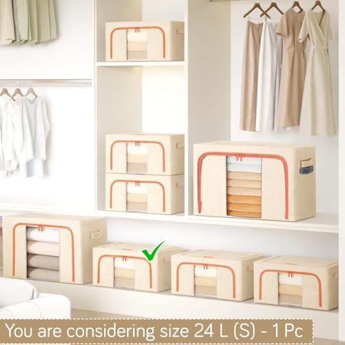 Image of HOKIPO 24L Small Wardrobe Organiser for Storage for Clothes, Foldable Storage Box, Sand Beige Pack of 1 (AR-6672-BGE)