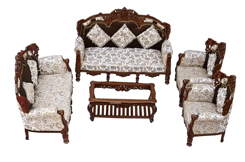 Image of Wooden 10 Seater Sofa Set 3+3+2+1+1 Solid Wood Hand-Carved White Brown Traditional Design Furniture for Living Room Home Office Seating
