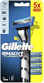 Gillette Mach3 Turbo Maszynka do Golenia Dla Mężczyzn + 5 Ostrzy Wymiennych, z Ostrzami Twardszymi niż Stal