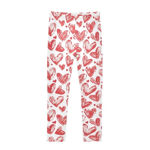 Hand Draw Red Hearts Girls Leggings Soft Comfortable Athletic Leggings Dancing Pants for 4-10 Years