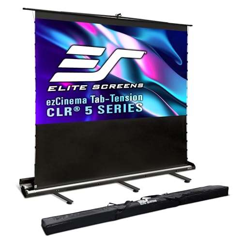 Image of Elite Screens ezCinema Tab-Tension CLR 5, 123-inch Portable Floor-Rising UST Projector Screen, 16:9 ALR Ceiling Light Rejecting Tab-Tension Scissor-Backed Manual Pull-Up+Carry Bag, Black- FT123UH-CLR5