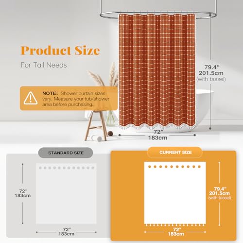 Image of BTTN 78 Inch Long Shower Curtain - Boho Farmhouse Linen Ultra Thick Fabric Shower Curtain Set with Plastic Hooks, Tall Rustic Country Weighted Cloth Shower Curtains for Bathroom - Burnt Orange - 72x78