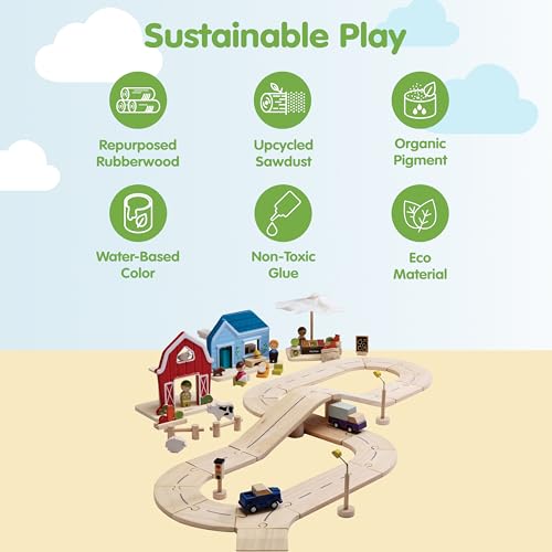 Image of PlanToys Wooden Neighborhood Roadway Playset Montessori Kids Building Play | toy cars, toy car track, girls, boys, city planning, imaginative fine motor problem solving gift preschool learning cute