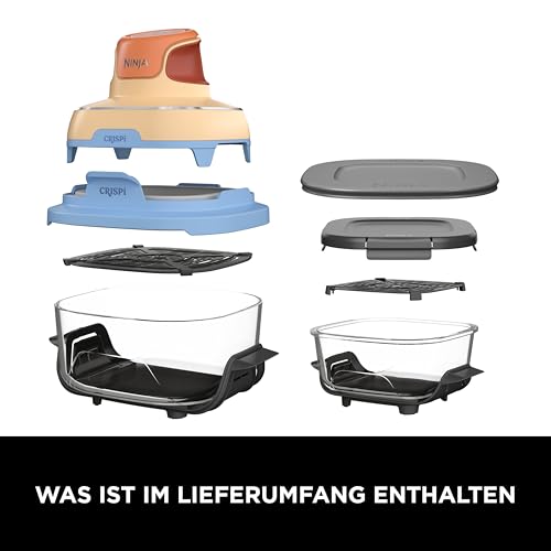 Ninja CRISPi Tragbare Heißluftfritteuse, 3,8 l & 1,4 l, 4-in-1: Heißluftfrittieren, Braten, Aufknuspern, kompaktes Design, 2 abnehmbare Glasbehälter & Deckel, 1700 W, Mango-Wolken FN101EUORPR 3