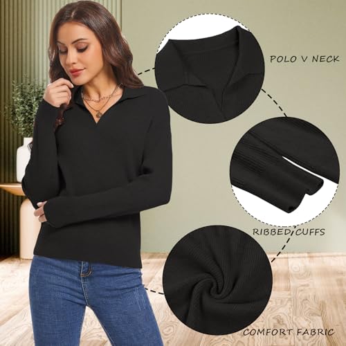 MessBebe Women's Long Sleeve Knitted Pullover Sweaters Collared V-Neck Polo Shirts Tops4