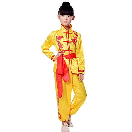 ZooBoo Karate Martial Arts Uniform - Nanquan Taekwondo Hapkido Sanda Chinese Kung Fu Wing Chun Training Clothes Apparel Clothing with Belt for Kids Boys Girls - Synthetic Silk (Height 140cm, Yellow)