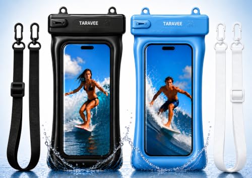 Image of Waterproof Phone Pouch, IPX8 Universal Waterproof Phone Case Dry Bag with Lanyard for iPhone 14 13 12 11 Pro Max XR X XS SE 8 Plus Samsung S23 S22 Ultra S21 S10 S9 (Floating- Black & Blue (Pack of 2))