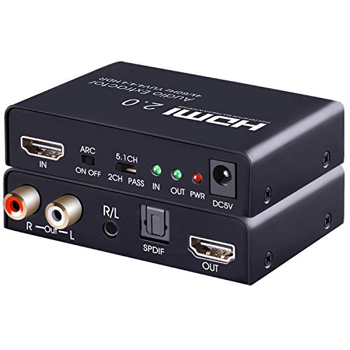 HDMI Audio Extractor 4K60HZ - Tensun HDMI 2.0 HDMI to HDMI with Audio Optical Toslink SPDIF + RCA L/R and 3.5mm Stereo Audio HDMI Audio Converter Supports ARC HDR10 for Blu-ray Player/DVD/PS4/Xbox360