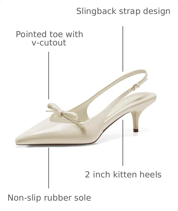 Image of Coutgo Womens Slingback Kitten Heels Bow Pointed Toe Wedding Dress Shoes | 2-Inch Low Heel Pumps, Comfort, Closed Toe, Adjustable Buckle Strap, Slip on, Party Prom