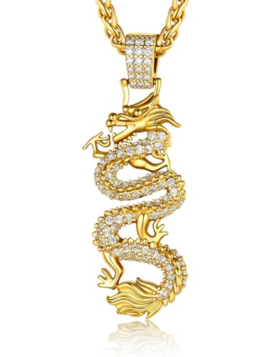 Bling Dragon Necklace For Women, Gold Chinese Dragon Pendant Necklace Men Mascot Lucky Charm Necklace Hiphop Jewelry