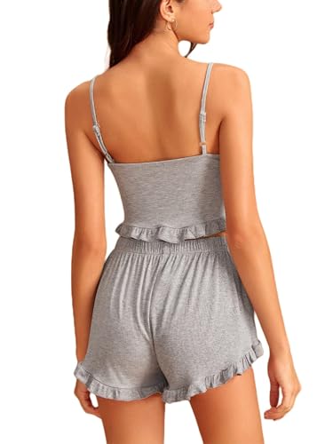 Image of Avanova Women Sexy 2 Piece Pajama Set Ruffle Trim Cami Top and Shorts Sleepwear Set