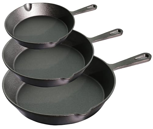 La Cuisine - Juego de 3 sartenes de hierro fundido presazonadas de 15, 19 y 25 cm, naturalmente antiadherentes para freír, asar, saltear, hornear, fogata, apto para horno, calentamiento uniforme