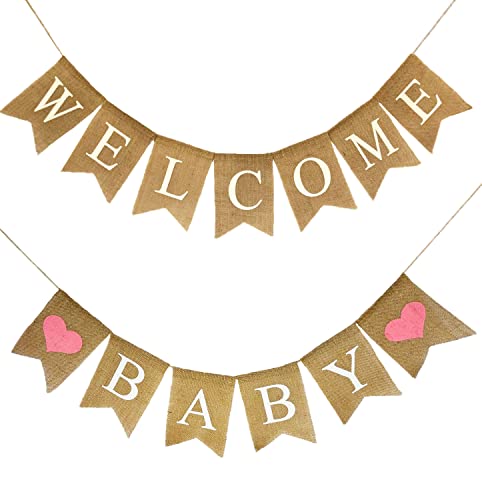 Shimmer Anna Shine Willkommen Baby Jute-Banner für Babyparty-Dekorationen und Gender Reveal Party (rosa Herzen) Cover