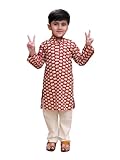 BownBee Pure Cotton Full Sleeve Hathi Print Kurta Pajama for Boys- Red & White (6-7 Years, Set of 1) Festive Season Traditional Ethnic Wear Full Dress for Kids