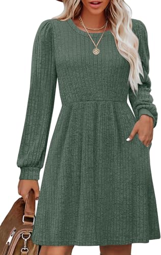 OFEEFAN Fall Dresses for Women 2025 Crew Neck Long Sleeve Knit Sweater Dress