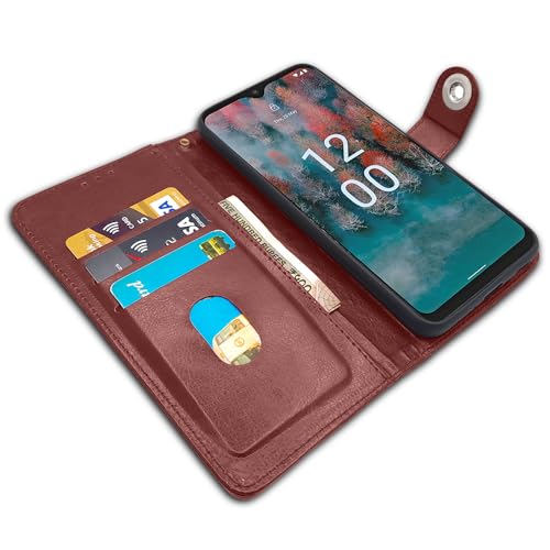 Image of Pikkme Nokia C12 / Nokia C12 Pro Flip Cover Leather Finish | Inside TPU with Card Pockets | Wallet Stand and Shock Proof | Complete Protection Button Flip Case (Brown)