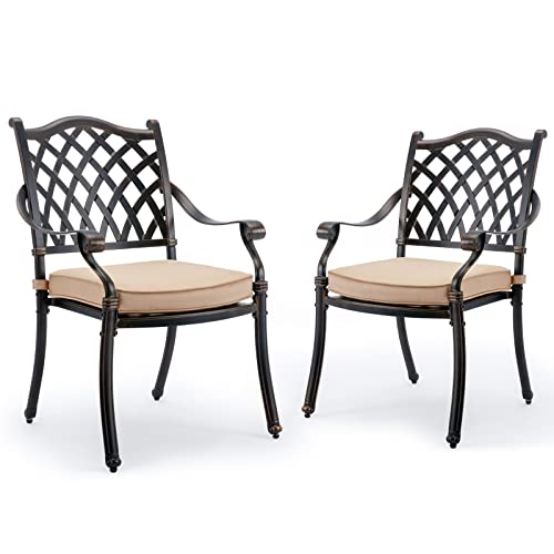 2 Pcs Outdoor Cast Aluminium Dining Chairs Set - All Weather Patio Chairs with Removable Cushions, Antique Brass Patio Chairs with Armrests Backrests for Bistro, Restaurant, Garden, Backyard