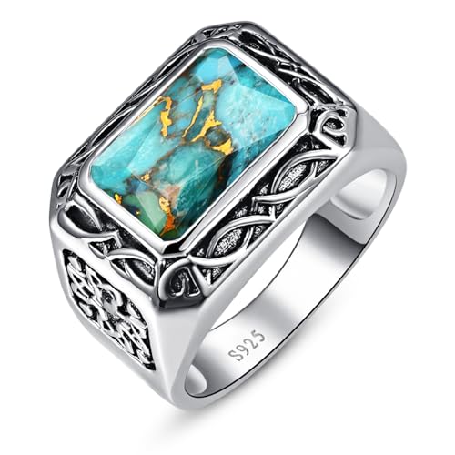 5CT 8X12mm Radiant Cut Teal Turquoise Ring/Created Mens Black Onyx 925 Sterling Silver Mens Ring Cocktail Rings Celtic Pattern Pinky Thumb Ring Band for Dad Father Size 7-12