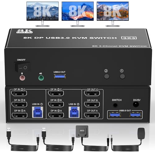 Clickfish Commutateur KVM DisplayPort 8K USB 3.0 triple moniteur pour 2 ordinateurs, noir, fonctionnement manuel, actionnement par bouton-poussoir