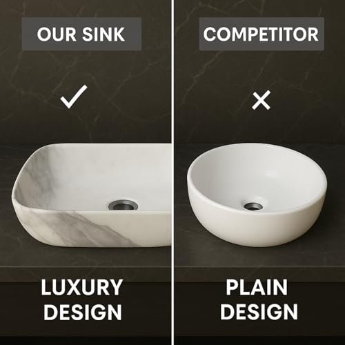 Image of Ceramic Tabletop Wash Basin - Glossy Rectangular Countertop Vessel Sink with Marble Finish for Bathroom & Vanity | Compact 18 x 13 x 5 Inch | Elegant Washbasin