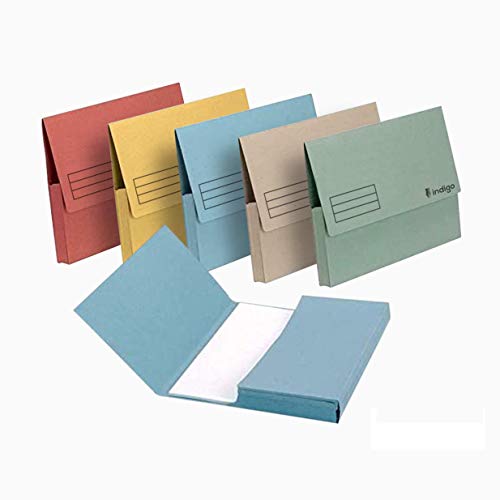 indigo® Premium - A4 - Document Wallet Half Flap 285gsm Capacity 32mm (Assorted, Pack of 10)