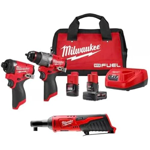 Milwaukee M12 FUEL 12-Volt Li-Ion Brushless Cordless Hammer Drill and Impact Driver Combo Kit (2-Tool) W/Free M12 3/8 in. Ratchet