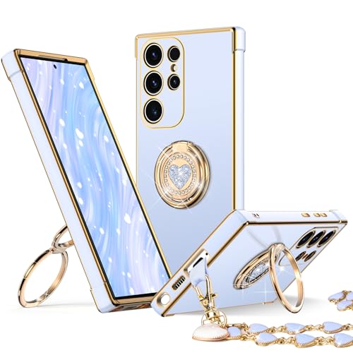 Image of XYZ for Galaxy S25 Ultra Case with Stand, for Samsung Galaxy S25 Ultra Case with Double Ring Kickstand, Women Girls Cute Love-Heart Bling Luxury Protective Phone Case for Samsung S25 Ultra, Blue
