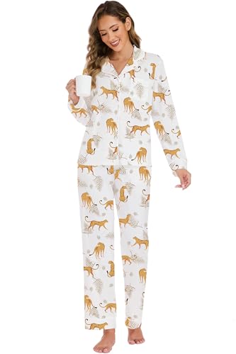 Image of LUBOT 100% Cotton Pajamas for Women Pajama Set 2 Piece PJ Sleepwear Set Soft Ladies Button Knit Long Sleeve Loungewear XS-XXL