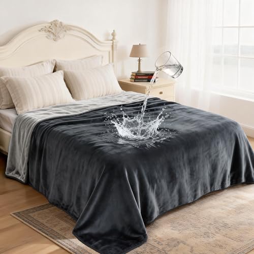 gogobunny Waterproof Reversible Flannel Blanket for Sofa Couch Bed, 60' x 80' Leakproof Spill-Proof Dog Throw Blanket, Double-Sided Furniture Protector, Anti Pet Hair & Stains, Grey
