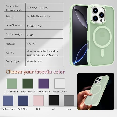 Image of Magnetic iPhone 16 Pro case,Compatible with Magsafe, Military-Grade Protection,Slim Translucent Matte Shockproof with Anti-Scratch Anti-Fingerprint Phone Cover (Matcha Green, iPhone 16 Pro)