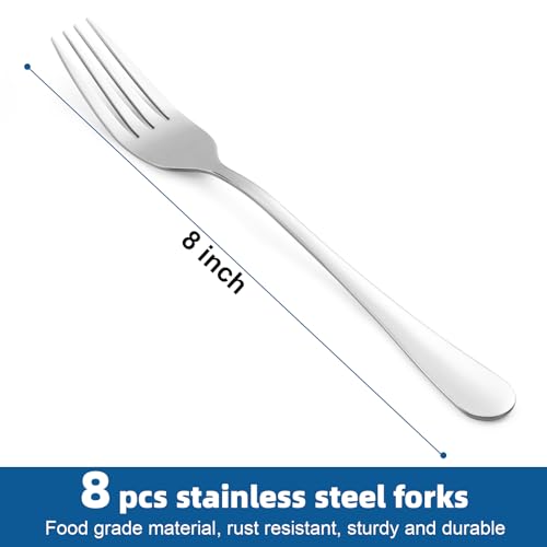 8 Piece Dinner Forks Set, Food-Grade Stainless Steel Forks Silverware, Cutlery Forks, Dessert Forks, Metal Forks for Home, Kitchen or Restaurant, Mirror Polished, Dishwasher Safe - 8 Inch