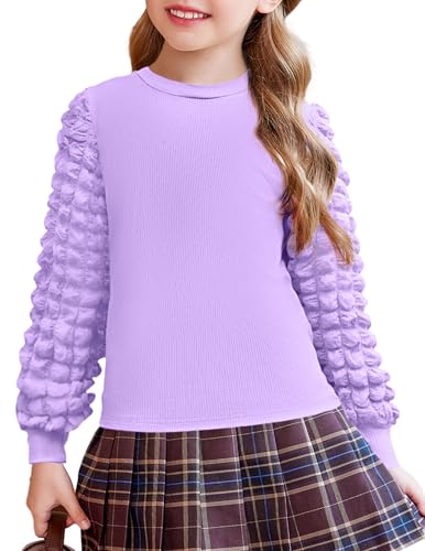 Arshiner Girls Puff Long Sleeve Shirts Ribbed Knit Cute Casual Crewneck Tops Blouse Tee