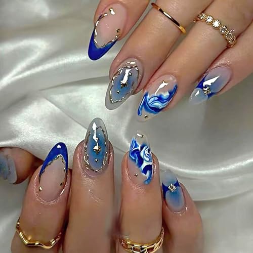 Blue Marble French Tip Press on Nails Long Almond Fake...