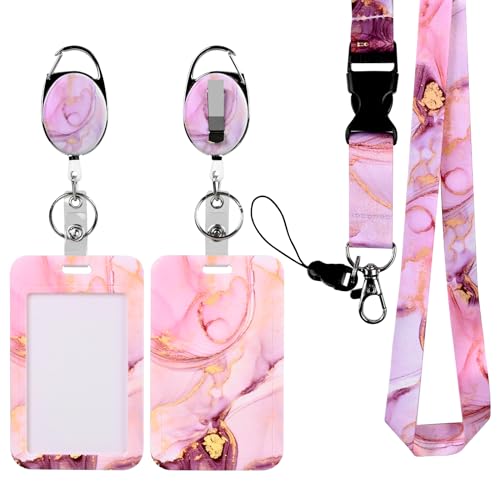 Image of Pink Marble ID Badge Holder, Lanyard with Release Buckle,Heavy Duty Badge Reel,Detachable Keychain, for Nurse Officer Teacher Security Staff Women Men