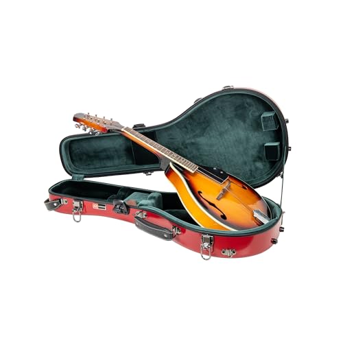 Crossrock Fiberglass Mandolin Case – Contoured for F-Style (Fits Gibson F5) | Red Gloss, Forest Green Velvet, TSA Lock, Accessory Compartment, Backpack Straps – Sleek Pro Travel Case