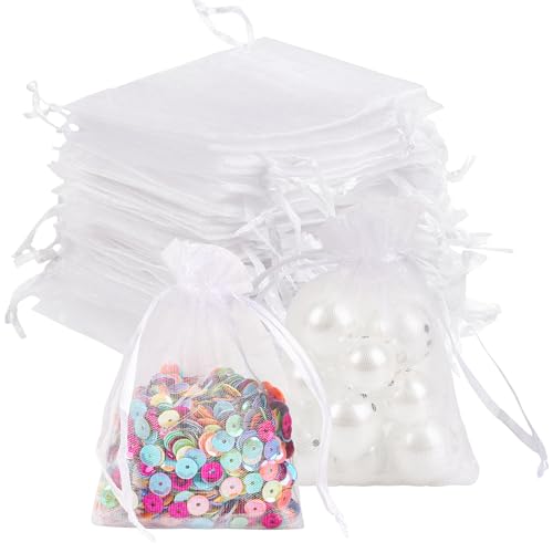 LOMIMOS 120 Lot de Sachet en Organza Blanc,7x9cm Pochette à bijoux Petits Sacs à Bonbons Cadeau Sachet Lavande à Cordon en Organza pour Fête de Festival Mariage Anniversaire
