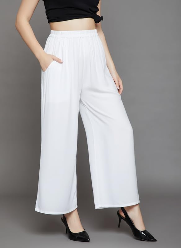 Image of Super Soft Viscose Rayon Flared Palazzo Pants for Women Stylish Wide Leg Straight Relaxed Fit Casual Ethnic Office Wear