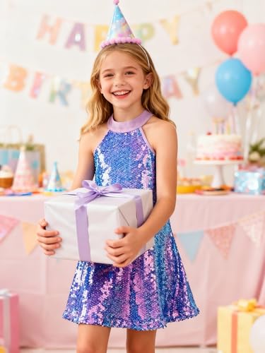 Image of WELAKEN Girls Ombre Sequin Dress Sparkly Fancy Short Puff Sleeves Gradient Party Dress