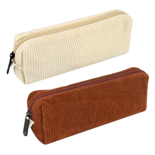 DUTIFUL 2 Stück Mäppchen Cord-Stoff Federmäppchen Mädchen Mäppchen Teenager Schlampermäppchen Stiftemäppchen Cord Pencil Case Federtasche für Schule Büro(Braun, Weiß)