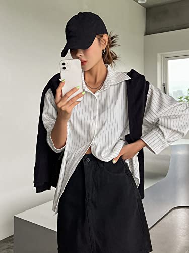 Image of Aahwan Solid Button Up Drop Shoulder Vertical Stripe Pattern Casual Long Sleeve Shirt for Women's & Girl's