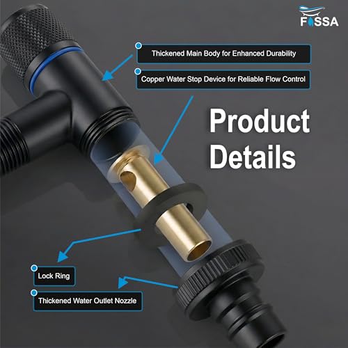 Image of Fossa Galaxy Washing Machine Faucet Stainless Steel - Wall Mounted Water Tap for Toilet, Dishwasher, Laundry | Space-Efficient Multi-Use Angle Cock with Easy Grip Control | Black (Matte Finish)