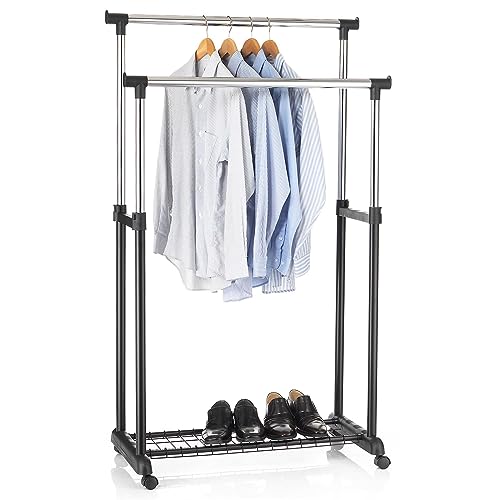 IDIMEX Portant à vêtements Grosso penderie Double sur roulettes vestiaire Mobile avec 2 Barres de Hauteur réglable et Une Tablette de Rangement, en métal...