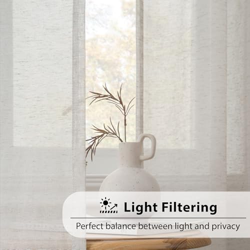 Image of FMFUNCTEX Linen Sheer Curtains for Bedroom, Grey Curtains 84 inches Long for Living Room, Gray Farmhouse French Flax Blend Window Draperies, Rod Pocket 2 Panels Set